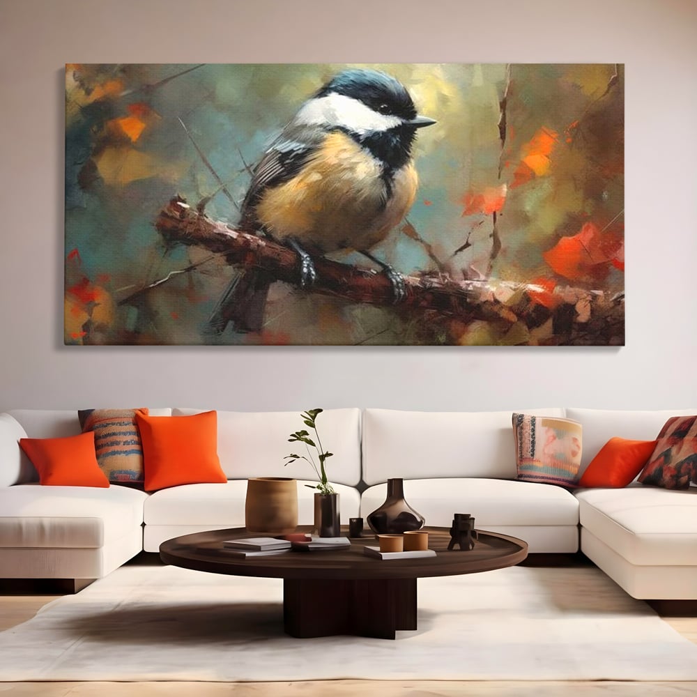 Tablou canvas cu tablou canvas cu pitigoi pe creanga, fara rama, pe sasiu de lemn, pe perete intr-un living